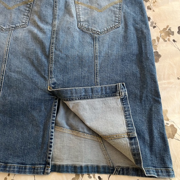 WRAP LONDON BLUE DENIM PATCHWORK A-LINE MIDI SKIRT SZ. 18 - Picture 7 of 11